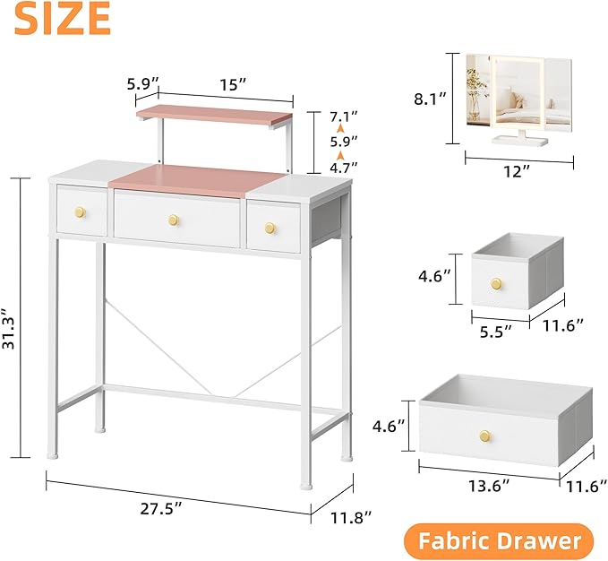 Small Makeup Vanity Desk 27.5''W with Mirror and Lights, Vanity Desk with 3 Fabric Drawers and Height-Adjustable Stand, Vanity Table for Girls Gifts, Bedroom and Small Spaces, White&Pink