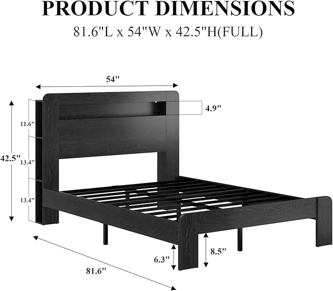 Wooden Bed Frame Full Size with Storage Headboard - Farmhouse Platform Bed Frame with Bookcase Shelf & Led Lights, Sturdy Wood Slat Framework Bed Frame (Black LED)