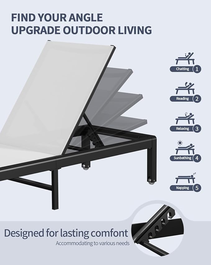 Aluminum Lounge Chairs Outdoor Chaise Furniture,2 Sets Patio Metal Deck Lounger Adjustable 5-Position Poolside Chase Recliner with Wheels for Beach,Coffee Table, (White, 2 Chairs + Table)