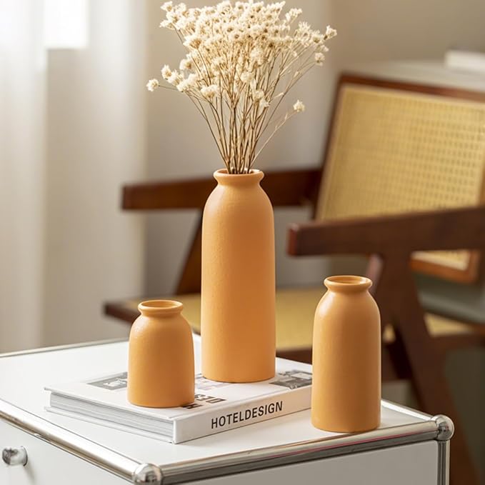 Ceramic Vase Set-3, Small Flower Vases for Decor, Modern Boho Farmhouse Style, Decorative Vases for Pampas Grass & Dried Flowers, Distressed Finish (Orange)