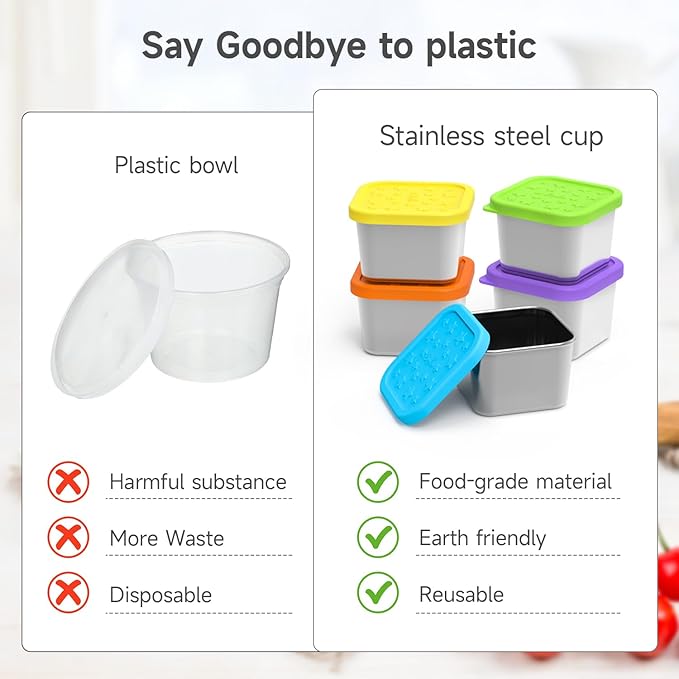 SOPHICO Stainless Steel Snack Containers for Kids, 6 oz Leak Proof Small Food Storage Container with Silicone Lid, 304 Metal Toddler Lunch Box for Daycare, School and Travel (6 Pack)