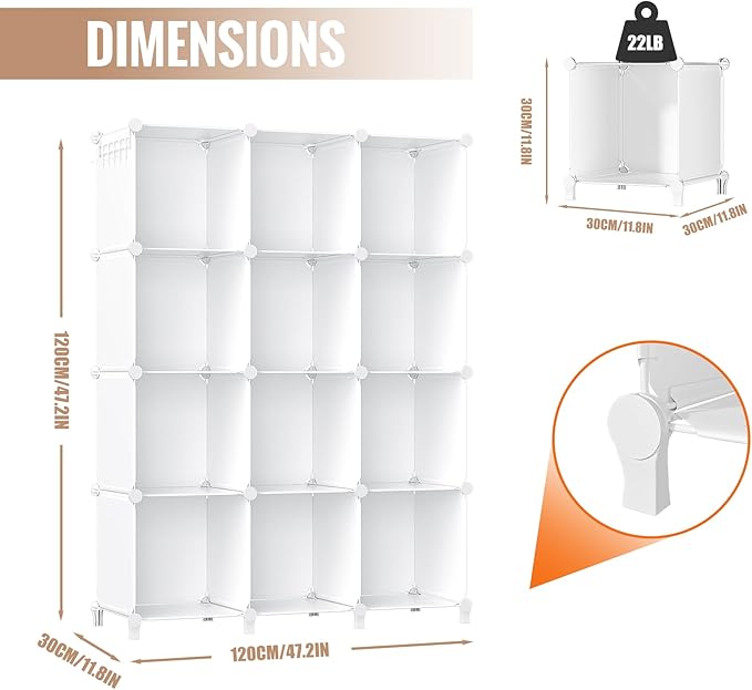 Neprock Closet Organizer, 12 Cubby Storage Organizer,Book Shelf,Clothes Storage,Yarn Storage for Bedroom Organization(White)