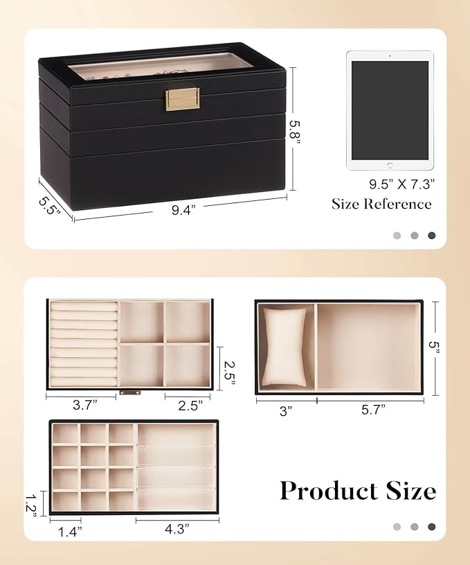 Homde Jewelry Tray Stackable Jewelry Box with Glass Lid, Removable Dividers for Vanity Table Gift Idea for Girls and Women (Black)