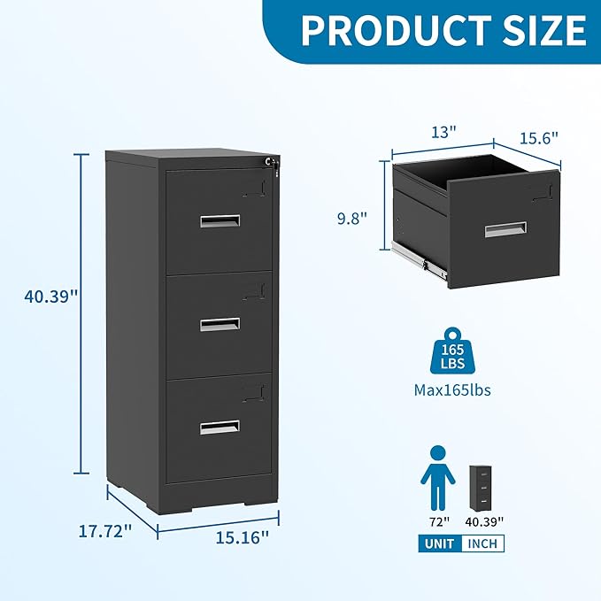AQY 3 Drawer File Cabinet with Lock, Metal Black Filing Cabinet for Home Office, 18" Deep Heavy Duty Vertical Storage Cabinet for Hanging A4/Letter/Legal Size Files, Assembly Required