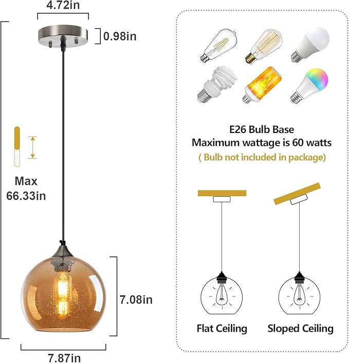 Amber Glass Pendant Lights Kitchen Island Lighting Globe Pendant Light Fixtures Modern Pendant Lighting for Bedroom Living Dining Room Light Fixture (7.87 in, 1 Pack)