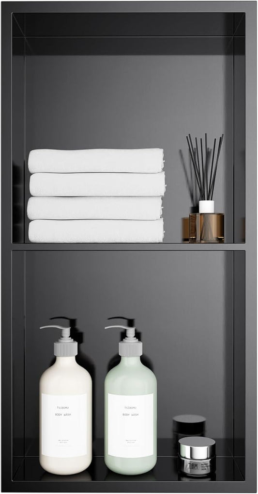 12" X 24" Stainless Steel Shower Niche with Partition, Black Double Shelves Recessed Shower Niche No Tile Needed for Bathroom/Bedroom Storage Over Mount Installation
