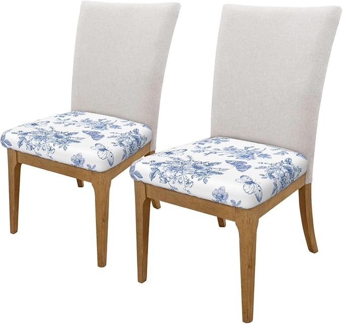 Blue White Floral Butterfly Flower French Office Computer Chair Seat Covers Set of 1, Soft Stretch Rotating Desk Chair Seat Cushion Protectors