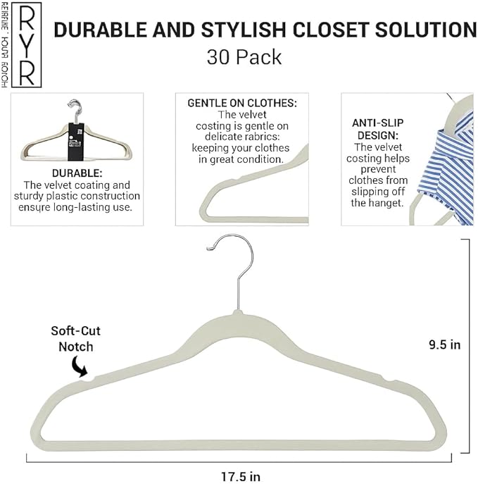 30 Pack Velvet Hangers - Non-Slip and Space-Saving Closet Organizers - Durable Soft-Touch, White Hangers for Clothes, Coats, and Wardrobe Essentials Luxury, Ganchos De Ropa, Gift