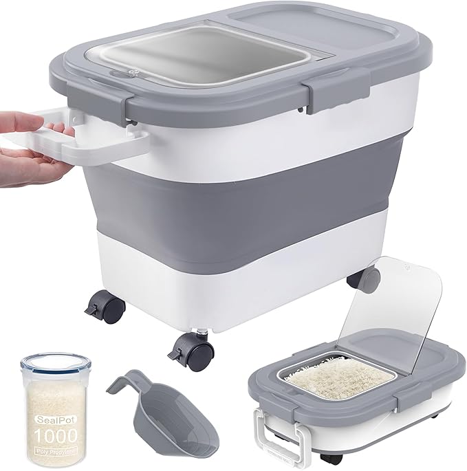 20-30Lbs Rice Container,Collapsible Airtight Food Storage Containers with Wheels,Handle,Rice Storage Container with Small Bin and Scoop,Rice Dispenser for Flour Sugar Cereal Grain Dog Cat