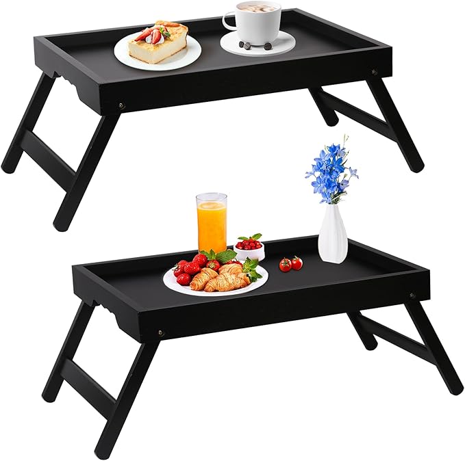 Bamboo Bed Tray Table with Foldable Legs, Breakfast in Bed Tray for Kitchen Serving Tray, Eating, Working, Drawing Tray (2 Pack, Black)