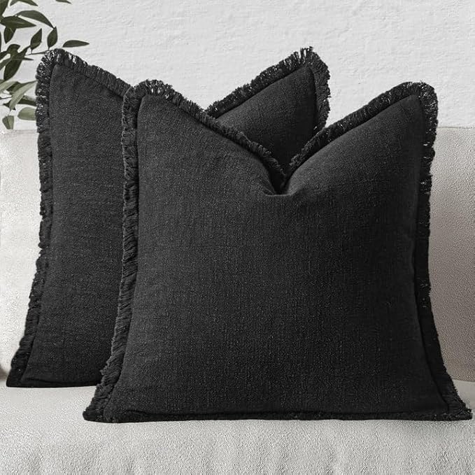 MIULEE Decorative Throw Pillow Covers Neutral Linen Fringe Throw Pillows Set of 2 Black Boho Farmhouse Cushion Covers with Tassels for Couch Sofa Bed Living Room Spring Home Decor 20x20 Inch