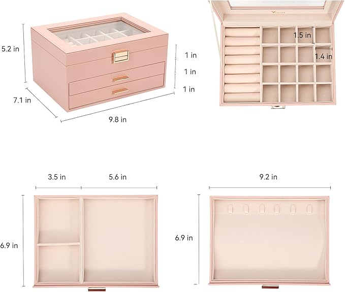 Voova Jewelry Box Organizer for Women Girls, 3 Layer PU Leather Jewelry Storage Case with Glass Lid & 2 Drawers, Large Jewellery Display Holder for Necklaces Rings Earrings Bracelets, Pink