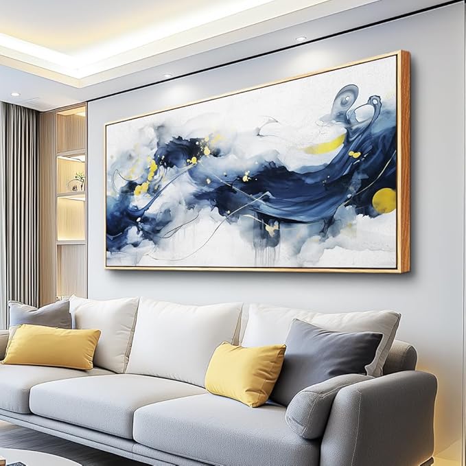 hyidecorart Wood Framed Canvas Art Prints Wall Art For Living Room Large Size Wall Decor For Office Bedroom Wall Decorations Pictures Artwork Blue Abstract Ink Paintings Ready To Hang Home Decor