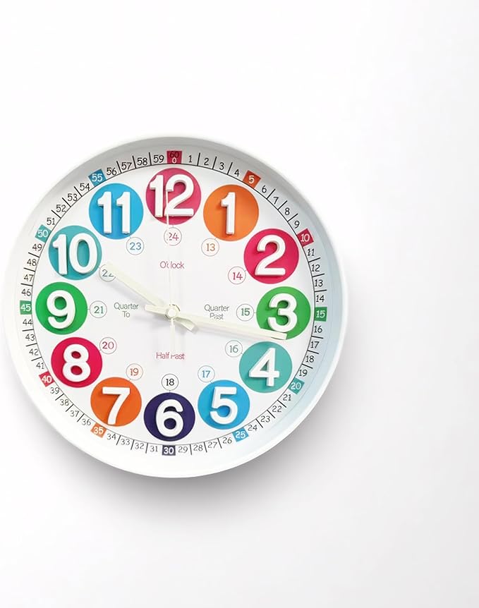 Learning Time Clock for Kids, 12 Inch 3D White Luminous Silent Wall Clock, Bedroom, Kitchen, Classroom, Decor at School, Clear Digital Clock for Kids Room