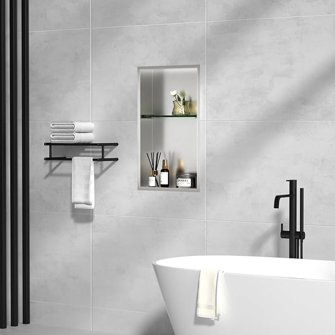 CKB Shower Niche Stainless Steel, 24 Inch x 14 Inch x 4 Inch Depth, Double-Layer Storage Shelves, Recessed Shower Shelf with Brushed Nickel