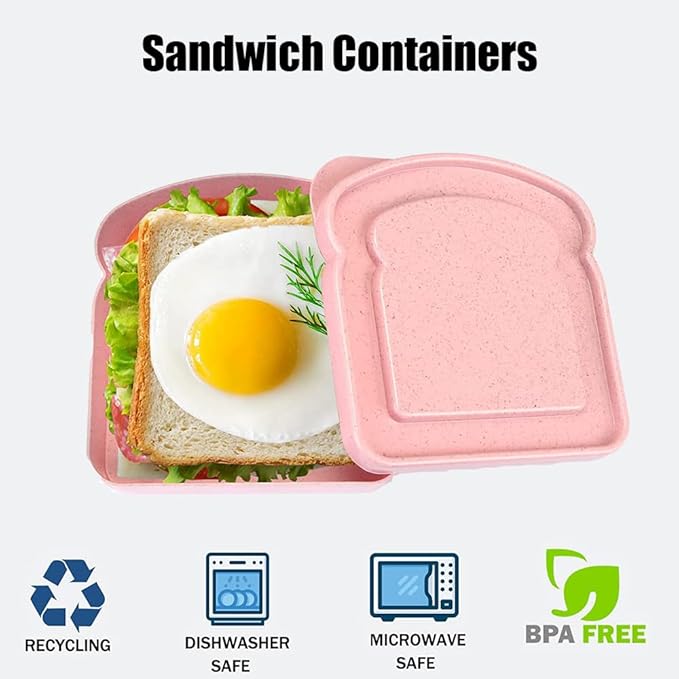 NADUSEP Sandwich Containers, Sandwich Containers for Lunch Boxes Plastic Toast Shape Food Storage Sandwich Box with Lid, BPA Free and Reusable, Microwave Safe, for Adults (Pink Grey)