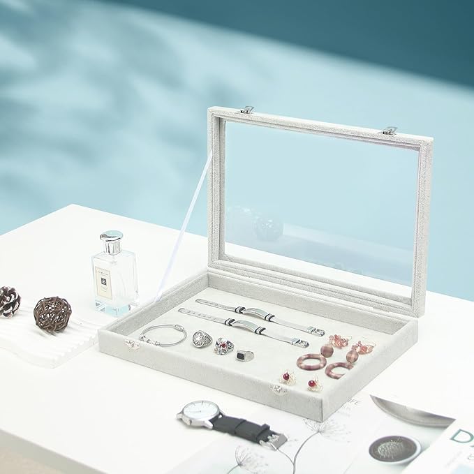 Coward Jewelry Organizer Tray Box, Grey Beige Velvet Blank Display Tray Case with Lid for Storage Necklaces Bracelets Rings Beads and Jewelry Accessories