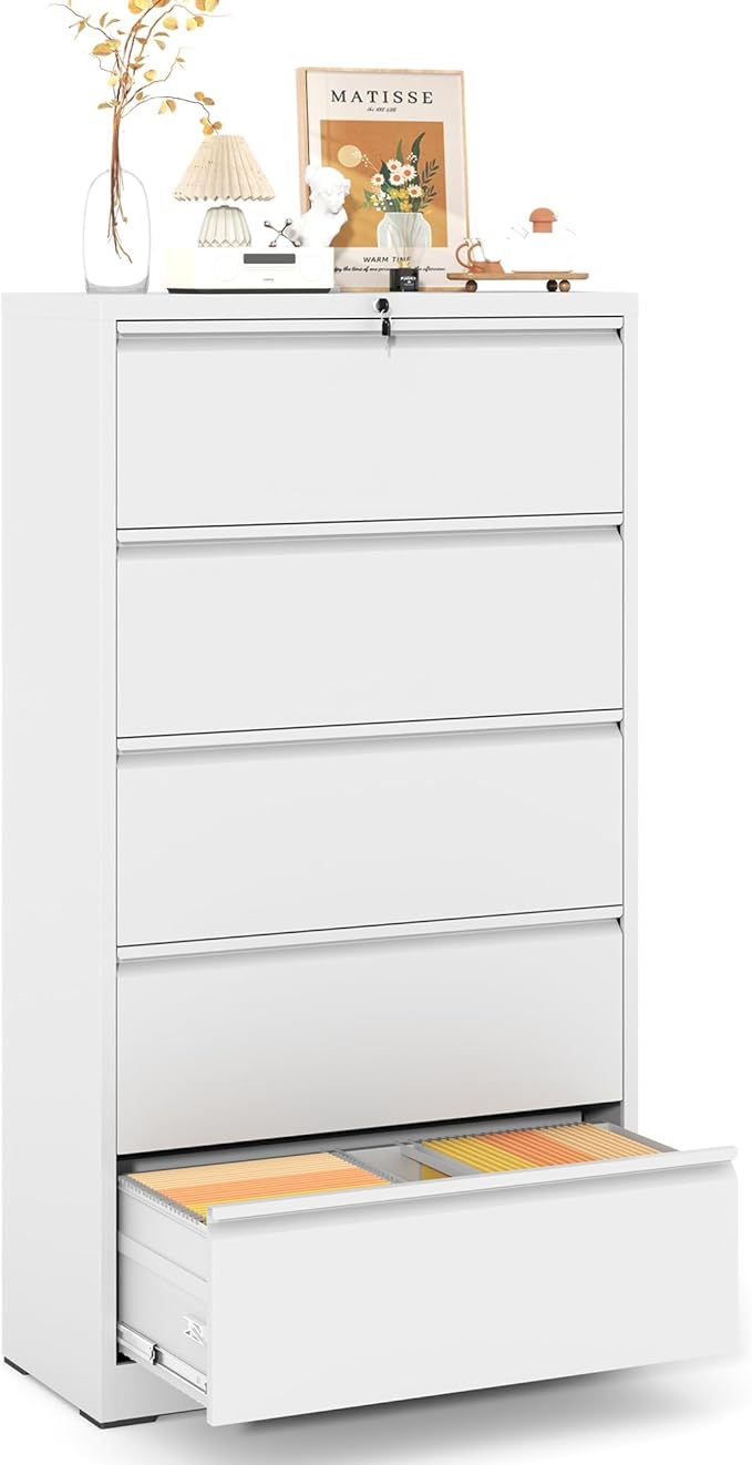 Lateral File Cabinet with Lock,5 Drawer Filing Cabinets for Home Office, Steel Wide Filing Organization Storage Cabinets for Hanging Files Letter/Legal/F4/A4 (White)