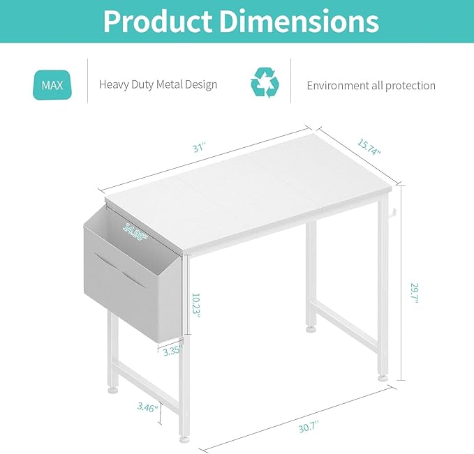 Lufeiya Small White Desk for Small Spaces, 32 Inch Kids Girls Study Writing Desks for Bedroom, Simple Modern Laptop PC Little Side Table with Storage Bag Headphone Hook, White