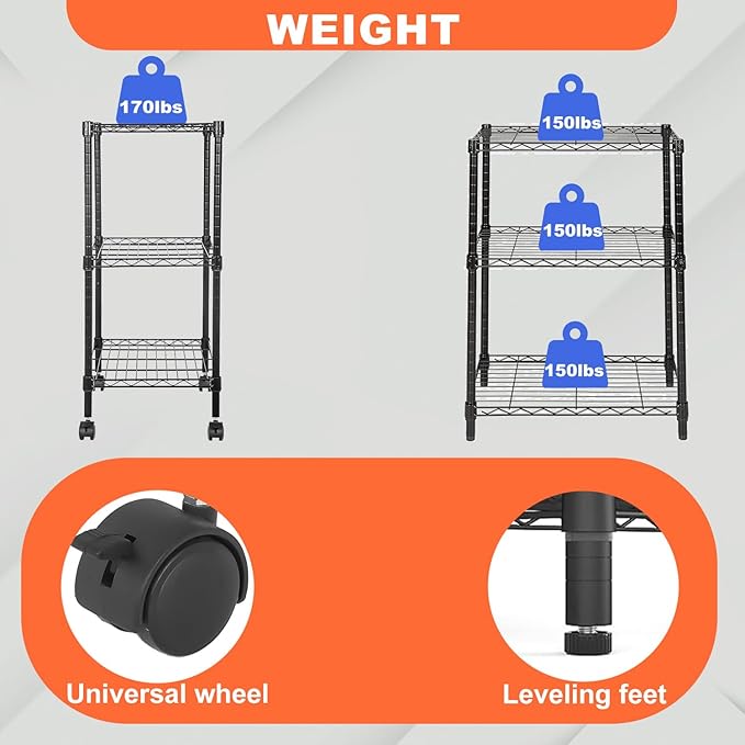 PayLessHere 3-Tier Adjustable Metal Storage Rack with Wheels Mesh Shelving Unit Heavy Duty Storage Shelving Unit,Black