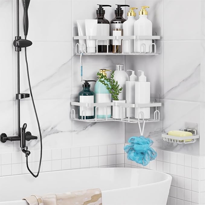 Moforoco Corner Adhesive Shower Caddy, with Soap Holder and 12 Hooks, Rustproof Stainless Steel Bathroom Organizer, No Drilling Wall Mounted Rack, Black, 3-Pack(White)