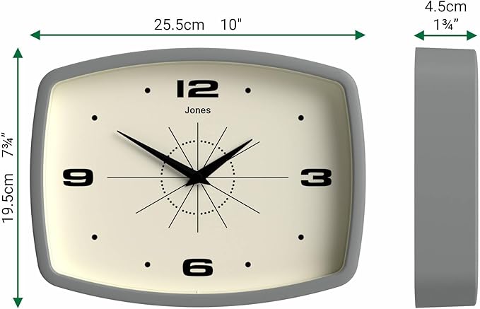 JONES CLOCKS® Movie Wall Clock | Rectangular Retro Clock | 25cm | Gray | Cool mid-Century Designer Look for Kitchen, Living Room or Office