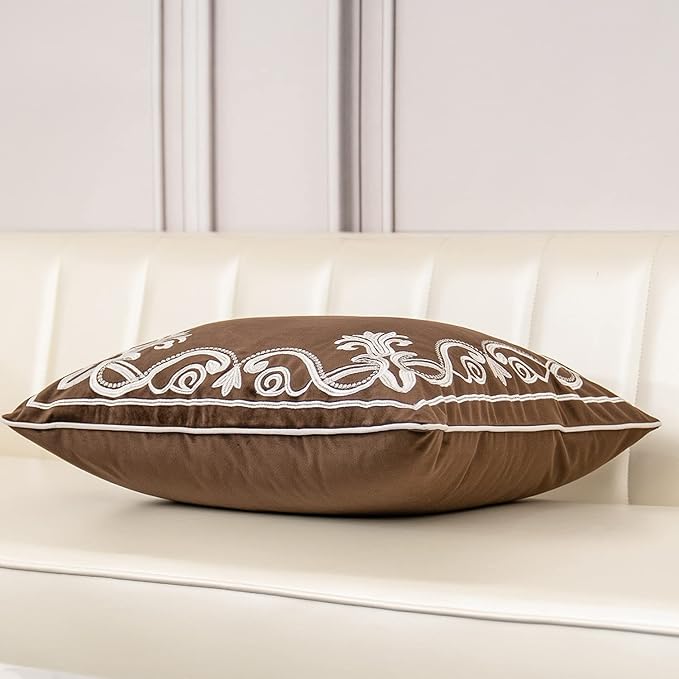 Aeckself European Floral Pillow Cover 16x16 Inch, Luxury Velvet Embroidered Decorative Throw Pillow Cover for Couch Bedroom Living Room, Brown and White