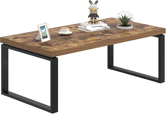 EXCEFUR Modern Coffee Table, Industrial Wood and Metal Center Table for Living Room, Rectangle Cocktail Tea Table for Home Office, Rustic Brown, 47 Inch