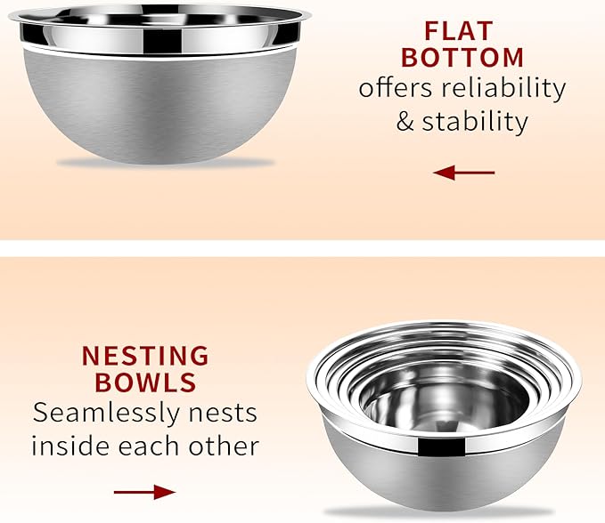 Lazycorner Mixing Bowls with Airtight Lids Set 5 Pcs Stainless Steel Bowls Set Baking Set Non-Slip Silicone Bottoms Great for Serving & Baking