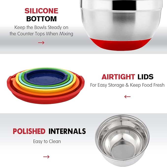 Mixing Bowls with Airtight Lids, 20PCS Stainless Steel Mixing Bowls Set, Nesting Bowls with 3 Grater Attachments & Non-Slip Bottoms, Size7, 4, 3, 2, 1.5, 1QT Bowls for Baking&Prepping