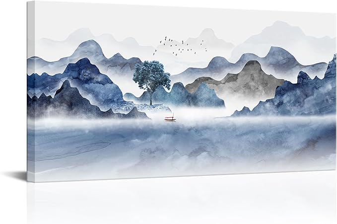 KREATIVE ARTS 20x40 Traditional Chinese Ink Painting Wall Art: Black and Blue Landscape Nature Prints of Mountain and Lake for Living Room, Asian Artwork