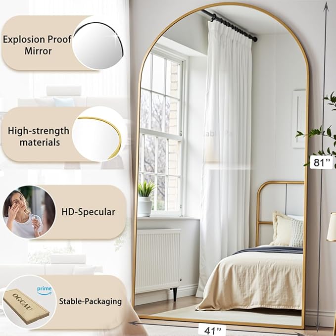 OGCAU Floor Full Length Mirror, 81"x41" Arched-Top Hanging or Leaning, Standing Mirror, Full Body Wall Mounted with Aluminum Frame for Living Room (Gold)