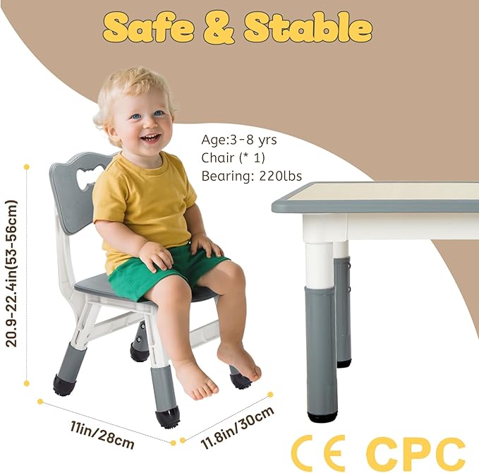 FUNLIO Adjustable Kids Chair (1pc), 3 Level Height Adjustable Toddler Chair for Ages 3-8, Sturdy Child Chairs with Maximum Bearing 220lbs, for Classrooms/Daycares/Homes, CPC & CE Approved - Gray
