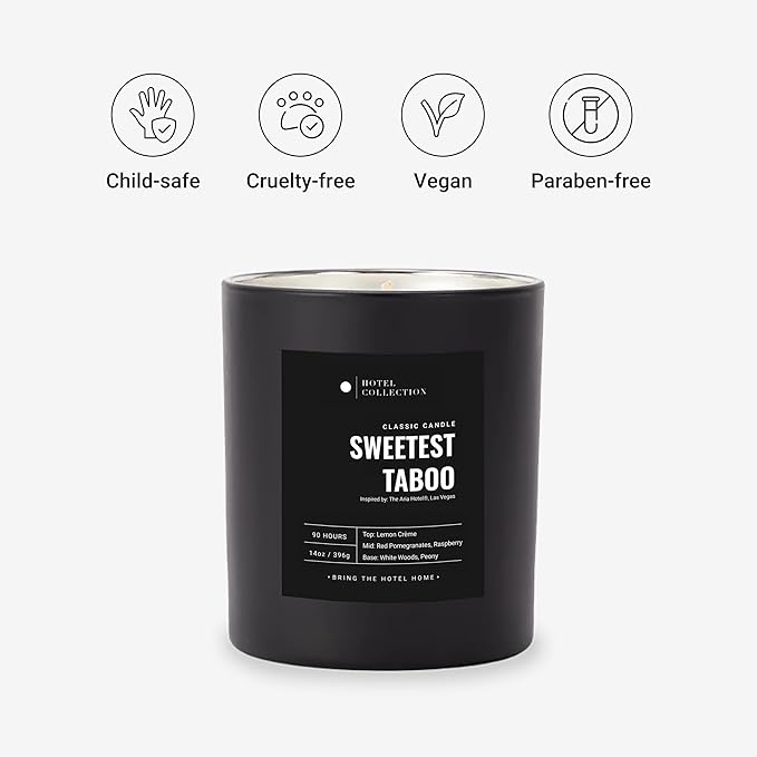 Hotel Collection - Sweetest Taboo Single Wick Classic Candle - Hotel Inpsired Luxury Candle - 90 - Hours Burn Time - Hints of White Woods, Pomegranate, and Peony - 14 oz - Black