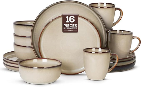 Romswi Dinnerware Set for 4, 16Pcs Stoneware Plates and Bowls Sets with Mugs, Chip & Scratch Resistant Dish Set, Handmade Reactive Glaze Plate Sets, Oven & Microwave and Dishwasher Safe,Wheat Green