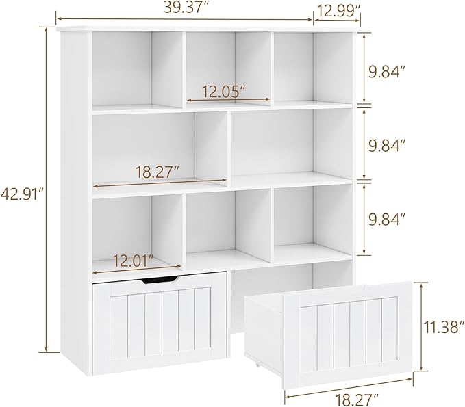 Toy Storage Organizer with Bookshelf, Large Toy Organizers and 2 Movable Drawers with Hidden Wheels and 8 Storage Cubbies, Kids Bookshelf and Toy Storage Chest, Playroom Furniture, White