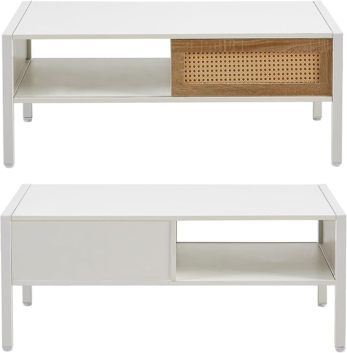 Rattan Coffee Table 40.16" Mid Century Modern Coffee Table with Storage Farmhouse Rectangle Wooden Accent Center Sofa Table with Rattan Sliding Door for Living Room (White)