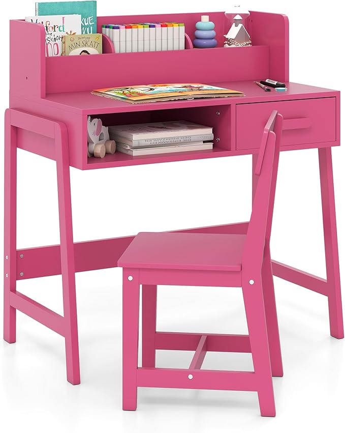 INFANS Table and Chair Set, Toddler Wooden Student Study Desk with Chair Storage Hutch Compartments Drawers for Writing Drawing, Children Furniture for Bedroom School Boys Girls 3+ Years Old (Pink)