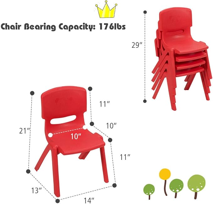 Costzon Plastic Stackable School Chairs, 4 Pack, Kids Learning Chairs with 11 inch Seat Height, Carrying Handle, Waterproof Children Chairs for Playrooms, Schools, Daycares and Home (4 Pack, Red)