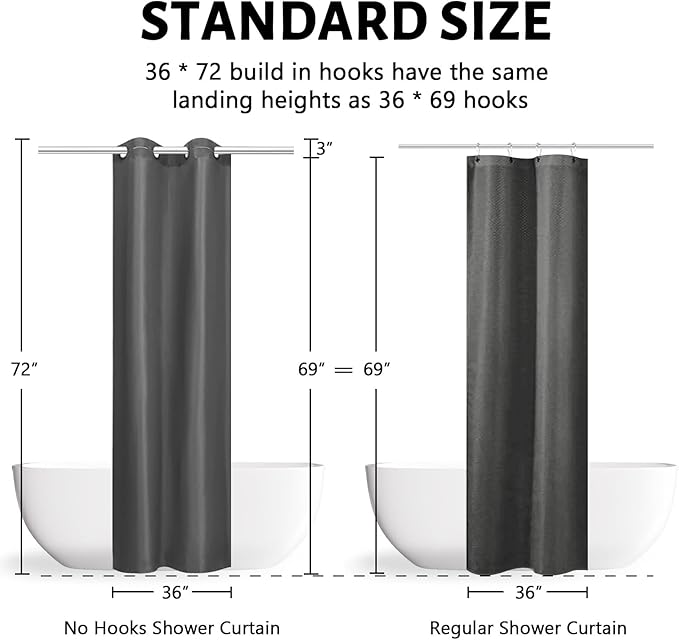 No Hook Stall Shower Curtain 36x72 Inch,Polyester Fabric Small Narrow Shower Curtain Liner,Hotel Style Bathroom Curtains with Plastic Split Grommets,Machine Washable & Waterproof,Dark Grey