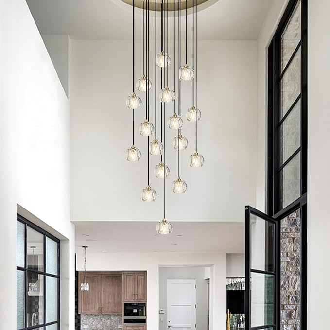 Foyer Crystal Chandelier, 16 Lights Brushed Brass High Ceiling Pendant Chandelier, Modern Cut Crystal Raindrop Entryway Lighting Fixture for Staircase