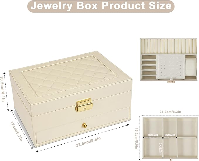 2-Layer Jewelry Box for Women, Jewelry Organizers and Storage with Removable Jewelry Tray, Vintage Quilted Top Lockable Jewelry Holder Gift Idea Apricot