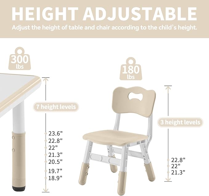 Toddler Table and Chairs Set for 4, 47.2''L x 23.6''W Kids Study Table and Chair Set, Height-Adjustable, Graffiti Desktop, Children Activity Table for Daycare, Classroom, Home
