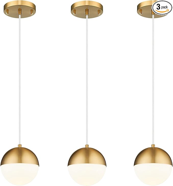 LMS Mid Century Pendant Lights, Brushed Gold Kitchen Island Light Fixtures with White Globe Glass Shade, Adjustable Hanging Cord, 3-Pack for Home Office Dining Room Bathroom, LMS-186PL-BGWS3PK