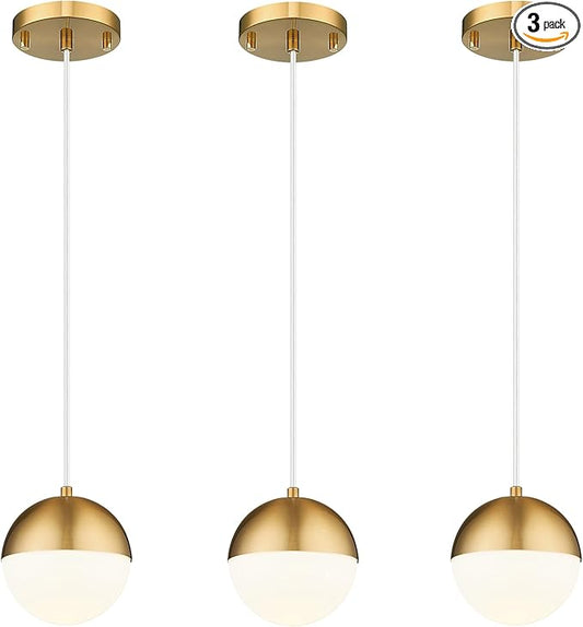 LMS Mid Century Pendant Lights, Brushed Gold Kitchen Island Light Fixtures with White Globe Glass Shade, Adjustable Hanging Cord, 3-Pack for Home Office Dining Room Bathroom, LMS-186PL-BGWS3PK