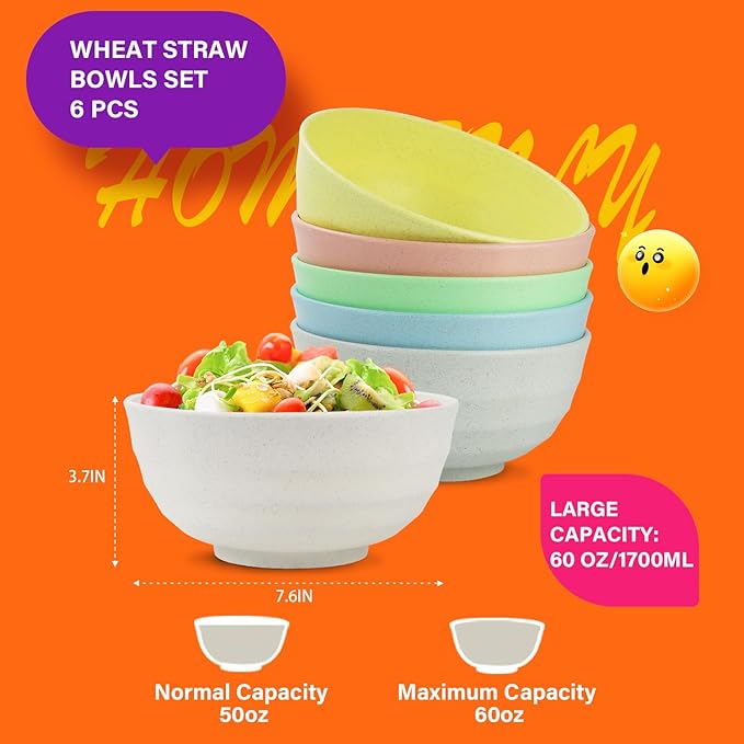 Homienly Wheat Straw Bowls Set Unbreakable Large Bowl 60 OZ Large Cereal Bowl Set of 6 Serving Bowls for Kitchen, Salad, Fruit, Soup, Microwave and Dishwasher Safe Big Bowl(Macaron Series)