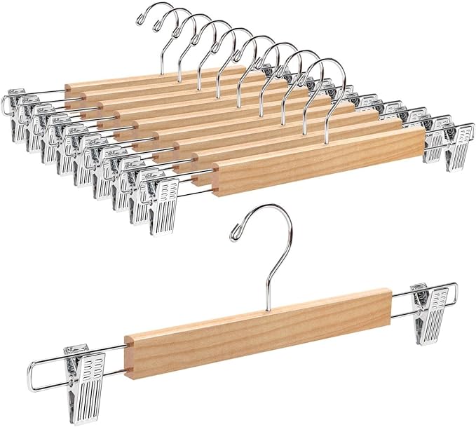 Amber Home 10 Pack 14.17" Solid Natural Wooden Pant Skirt Hangers, Bottom Hangers for Slacks Trousers Jeans with 2-Adjustable Anti-Rust Clips (Natural, 10 Pack)