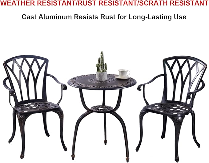 C/G Bistro Set 3 Piece Outdoor Cast Aluminum Patio Bistro Set with Umbrella Hole and Armrests,Outdoor Bistro Table Set,Patio Furniture Set Front Porch Set for Yard Garden Villa (Copper)