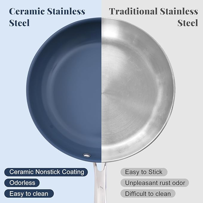 Stainless Steel Non Stick Frying Pan,10 Inch Healthy Non Toxic Ceramic Coating Cookware with Lid,Works on Induction, Electric Stove and Gas Cooktops,PTFE PFAS PFOA Free Skillet,Dishwasher&Oven Safe