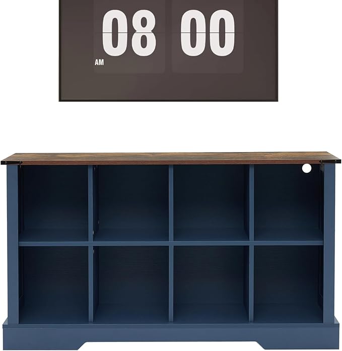 8 Cube Storage Organizer, 2 Tier Bookshelf for Living Room, Farmhouse Bookcase with Led, Kids Toy Storage Cabinet, Wall Cubby Shelves for Home Decor, Wood Display Cabinet for Bedroom, Blue